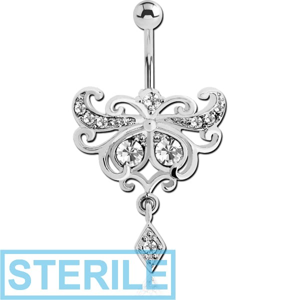 STERILE RHODIUM PLATED BRASS TRIBLE JEWELLED NAVEL BANANA WITH DANGLING CHARM - RHOMBUS