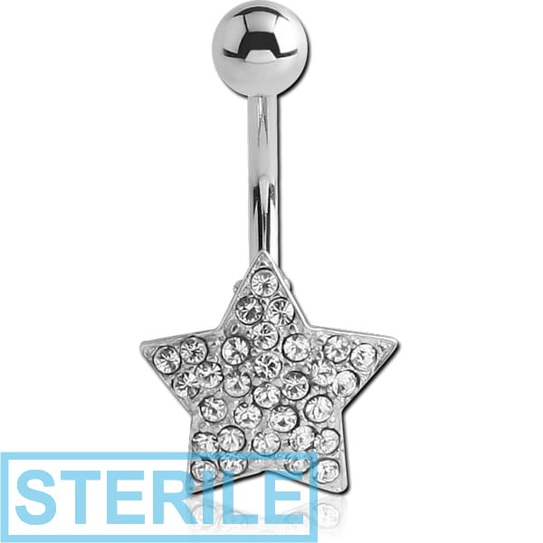 STERILE RHODIUM PLATED BRASS VALUE CRYSTALINE JEWELLED NAVEL BANANA - STAR