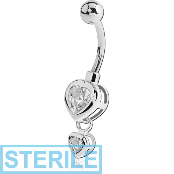 STERILE RHODIUM PLATED BRASS CRYSTALINE JEWELLED NAVEL BANANA - HEART