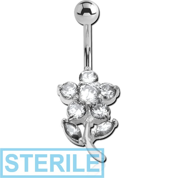 STERILE RHODIUM PLATED BRASS CRYSTALINE JEWELLED NAVEL BANANA - FLOWER