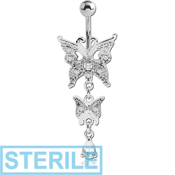 STERILE RHODIUM PLATED BRASS JEWELLED NAVEL BANANA WITH DANGLING CHARM - BUTTERFLY