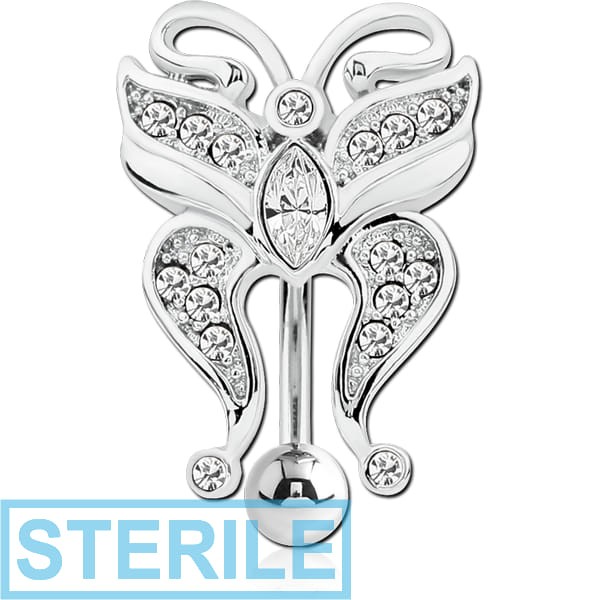 STERILE RHODIUM PLATED BRASS CRYSTALINE JEWELLED REVERSE NAVEL BANANA - BUTTERFLY