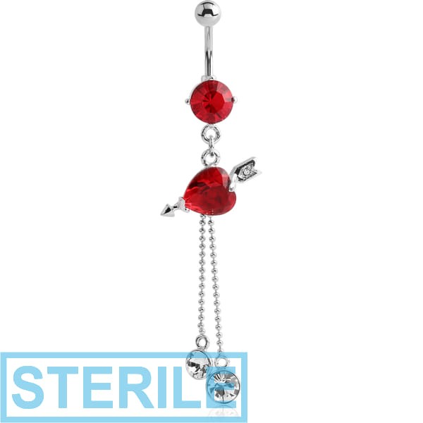 STERILE RHODIUM PLATED BRASS JEWELLED NAVEL BANANA WITH DANGLING CHARM - HEART
