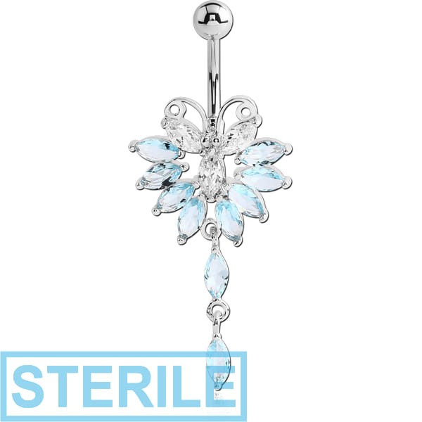 STERILE RHODIUM PLATED BRASS JEWELLED NAVEL BANANA WITH DANGLING CHARM - BUTTERFLY