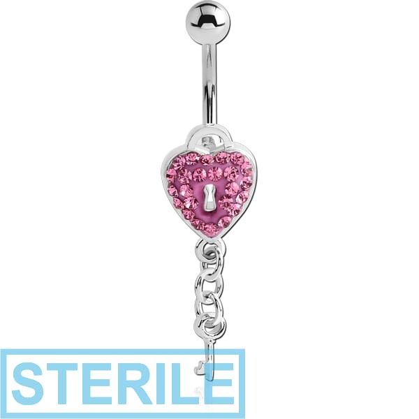 STERILE RHODIUM PLATED BRASS JEWELLED NAVEL BANANA WITH DANGLING CHARM - KEY