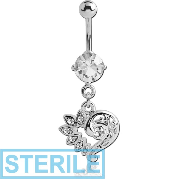STERILE RHODIUM PLATED BRASS JEWELLED NAVEL BANANA WITH DANGLING CHARM - HEART