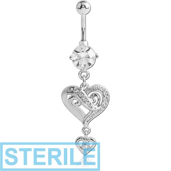 STERILE RHODIUM PLATED BRASS JEWELLED NAVEL BANANA WITH DANGLING CHARM - HEART
