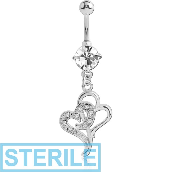 STERILE RHODIUM PLATED BRASS JEWELLED NAVEL BANANA WITH DANGLING CHARM - DOUBLE HEART