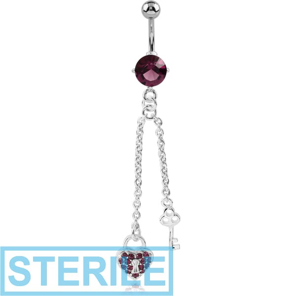 STERILE RHODIUM PLATED BRASS JEWELLED NAVEL BANANA WITH DANGLING CHARM - HEART LOCK KEY