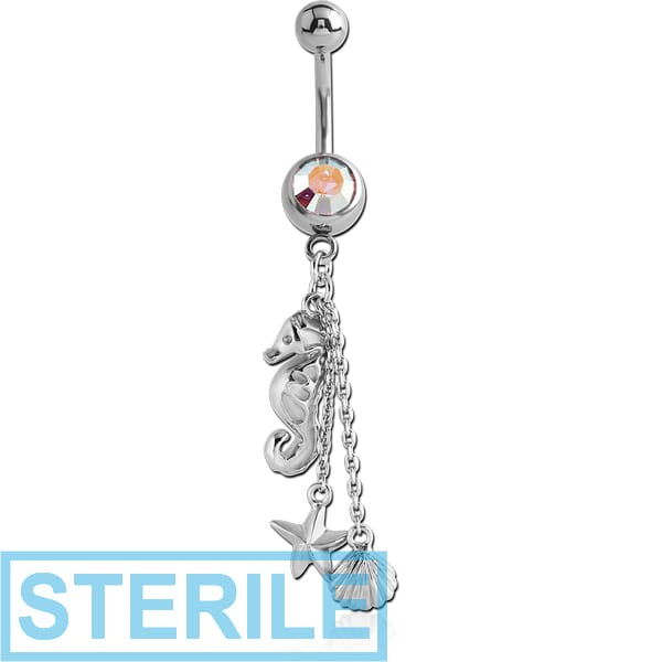 RHODIUM PLATED BRASS JEWELLED NAVEL BANANA WITH DANGLING CHARM - SEA ANIMALS