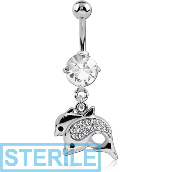 STERILE RHODIUM PLATED BRASS JEWELLED NAVEL BANANA WITH DANGLING CHARM - DOLPHINS