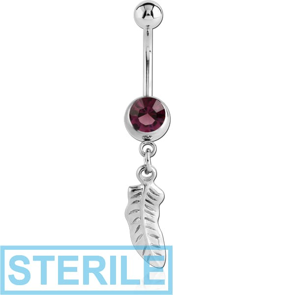 STERILE RHODIUM PLATED BRASS JEWELLED NAVEL BANANA WITH DANGLING CHARM - FEATHER