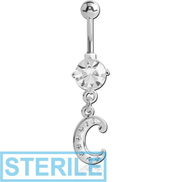 STERILE RHODIUM PLATED BRASS PRONG SET JEWELLED NAVEL BANANA WITH CRYSTALINE DANGLING CHARM - C
