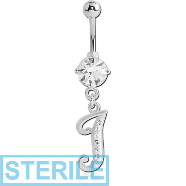 STERILE RHODIUM PLATED BRASS PRONG SET JEWELLED NAVEL BANANA WITH CRYSTALINE DANGLING CHARM - J