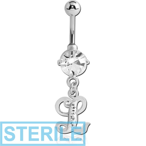 STERILE RHODIUM PLATED BRASS PRONG SET JEWELLED NAVEL BANANA WITH CRYSTALINE DANGLING CHARM - L