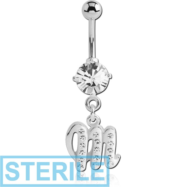 STERILE RHODIUM PLATED BRASS PRONG SET JEWELLED NAVEL BANANA WITH CRYSTALINE DANGLING CHARM - M