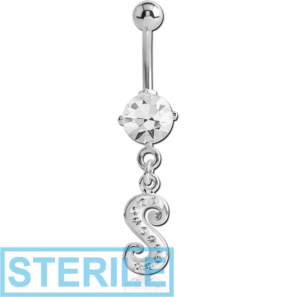 STERILE RHODIUM PLATED BRASS PRONG SET JEWELLED NAVEL BANANA WITH CRYSTALINE DANGLING CHARM - S