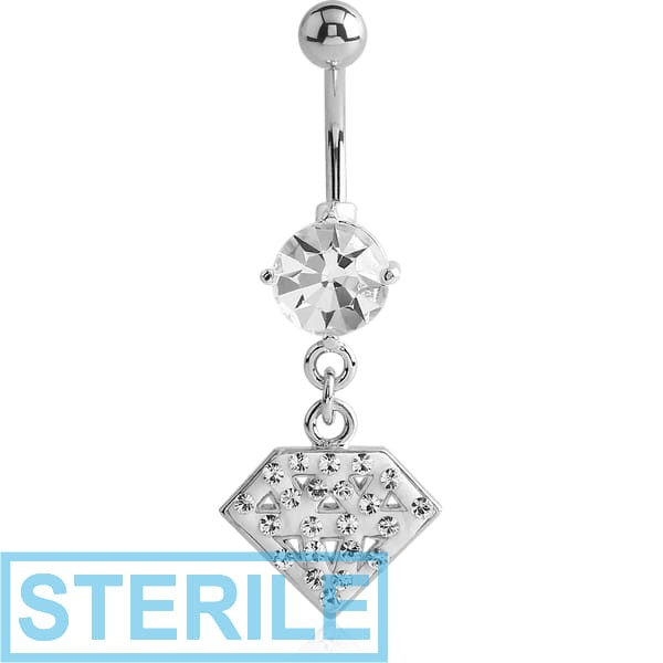 STERILE RHODIUM PLATED BRASS PRONG SET JEWELLED NAVEL BANANA WITH CRYSTALINE DANGLING CHARM - DIAMOND