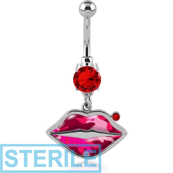 STERILE RHODIUM PLATED BRASS JEWELLED NAVEL BANANA WITH PICTURE DANGLING CHARM - LIPS
