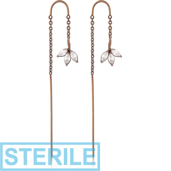 STERILE COFFEE PVD COATED SURGICAL STEEL CHAIN JEWELLED EARRINGS PAIR - LEAF