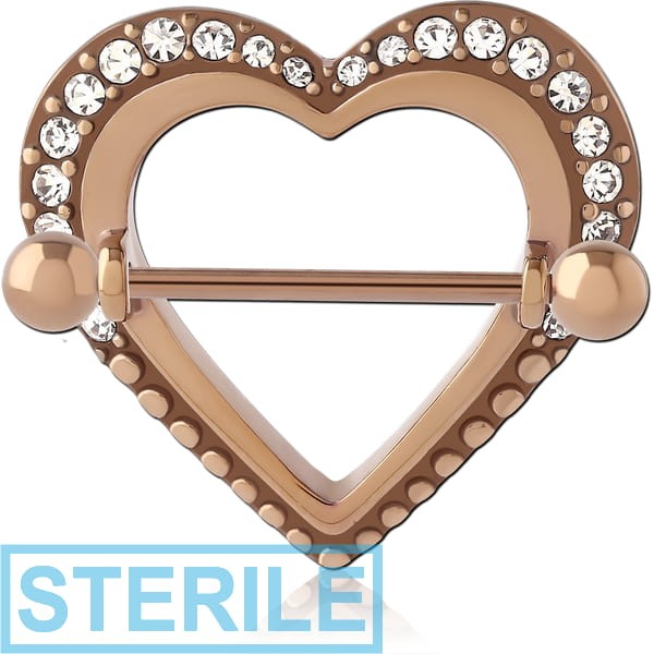 STERILE COFFEE PVD COATED SURGICAL STEEL JEWELLED NIPPLE SHILED - HEART