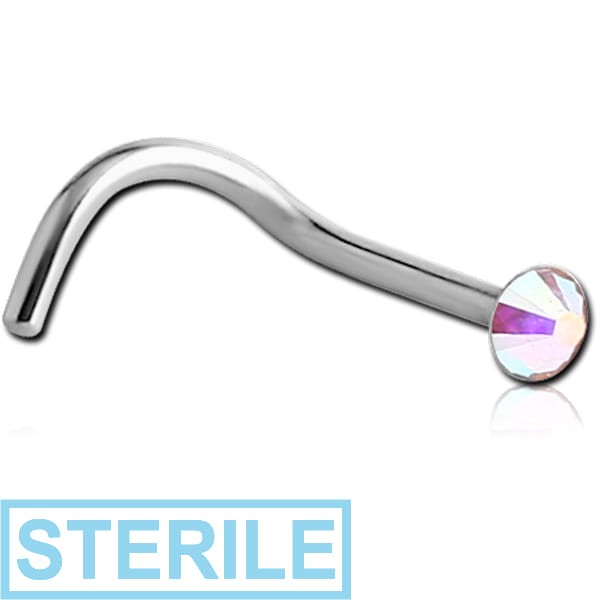 STERILE SURGICAL STEEL FLAT HIGH END CRYSTAL JEWELLED CURVED NOSE STUD