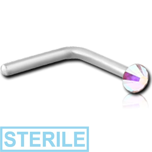 STERILE SURGICAL STEEL 90 DEGREE FLAT HIGH END CRYSTAL JEWELLED NOSE STUD