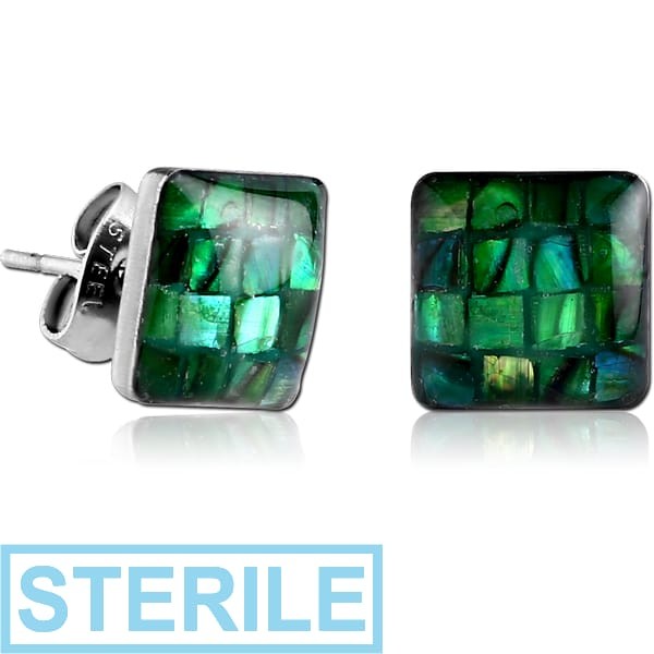 STERILE PAIR OF SURGICAL STEEL SYNTHETIC MOTHER OF PEARL MOSAIC SQUARE CUP EAR STUDS