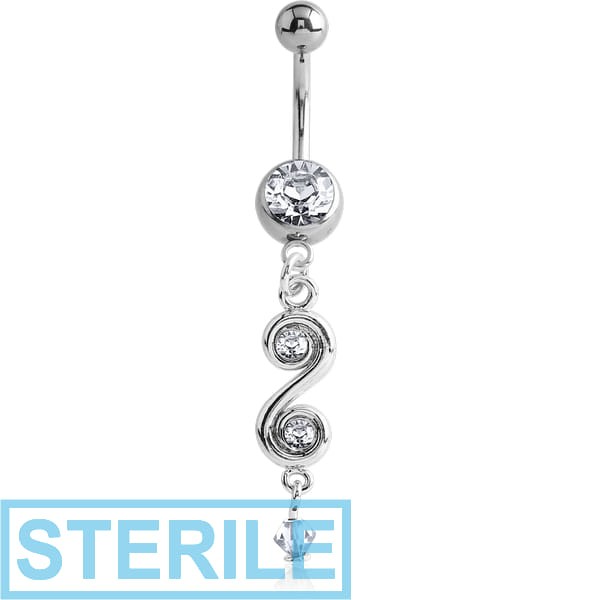 STERILE RHODIUM PLATED JEWELLED NAVEL BANANA WITH DANGLING CHARM