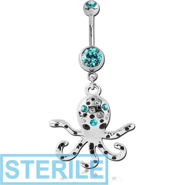 STERILE RHODIUM PLATED DOUBLE JEWELLED NAVEL BANANA WITH OCTOPUS CHARM