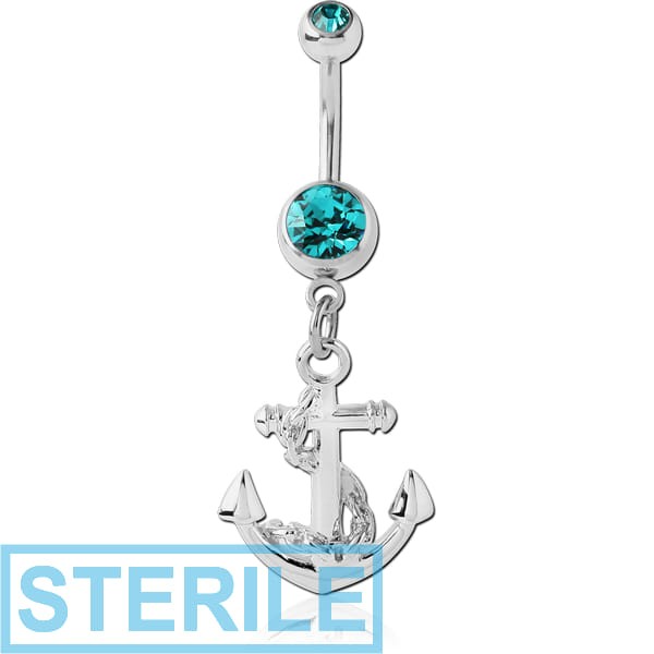 STERILE RHODIUM PLATED DOUBLE JEWELLED NAVEL BANANA WITH ANCHOR CHARM