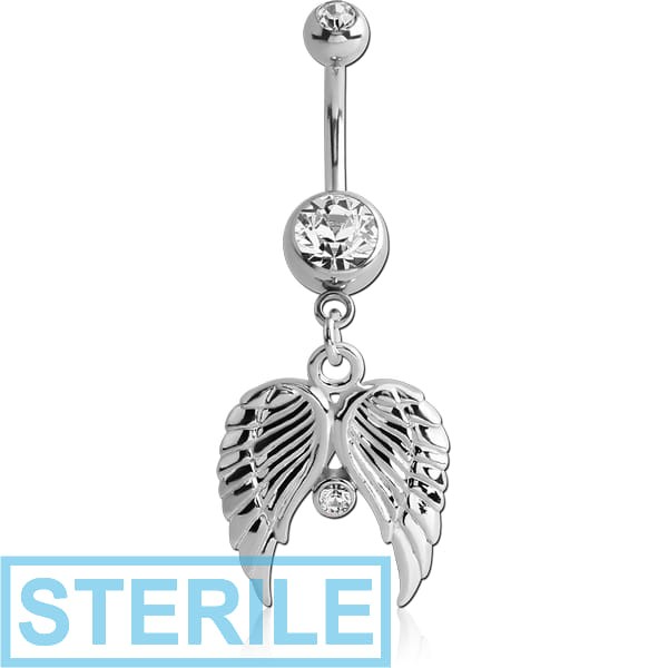 STERILE RHODIUM PLATED DOUBLE JEWELLED NAVEL BANANA WITH WINGS CHARM