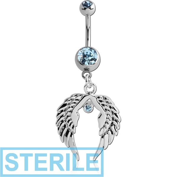 STERILE RHODIUM PLATED DOUBLE JEWELLED NAVEL BANANA WITH WINGS CHARM