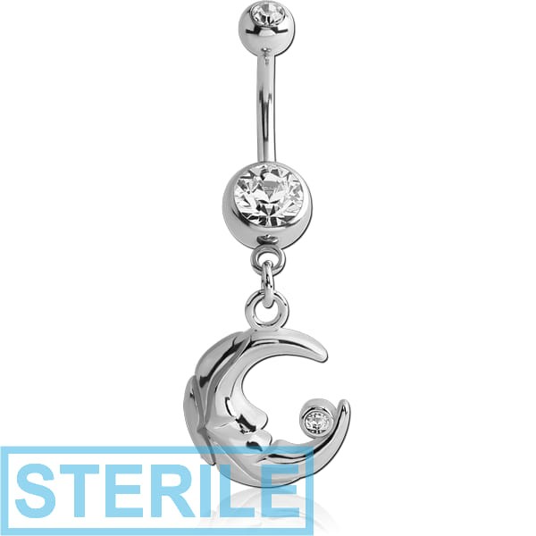 STERILE RHODIUM PLATED DOUBLE JEWELLED NAVEL BANANA WITH MOON CHARM