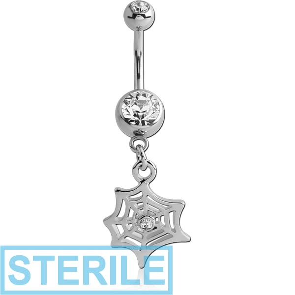 STERILE RHODIUM PLATED DOUBLE JEWELLED NAVEL BANANA WITH WEB CHARM