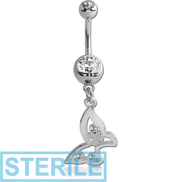 STERILE RHODIUM PLATED DOUBLE JEWELLED NAVEL BANANA WITH BUTTERFLY CHARM