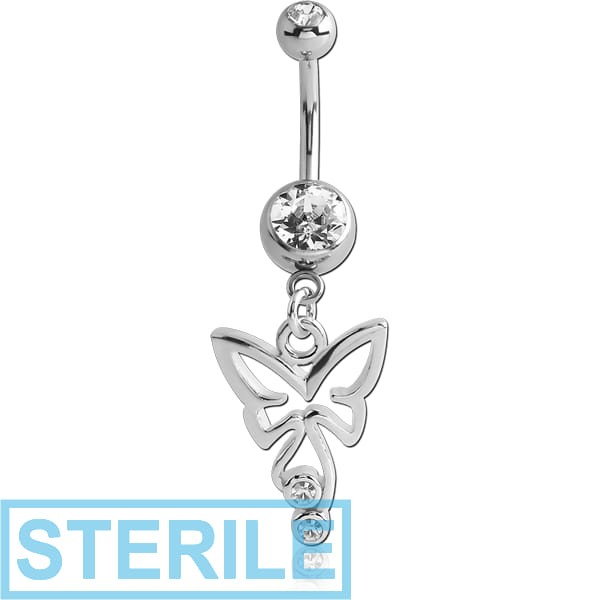 STERILE RHODIUM PLATED DOUBLE JEWELLED NAVEL BANANA WITH BUTTERFLY CHARM