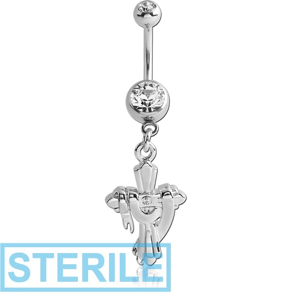 STERILE RHODIUM PLATED DOUBLE JEWELLED NAVEL BANANA WITH CROSS CHARM