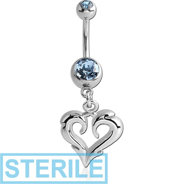 STERILE RHODIUM PLATED DOUBLE JEWELLED NAVEL BANANA WITH OPEN HEART CHARM