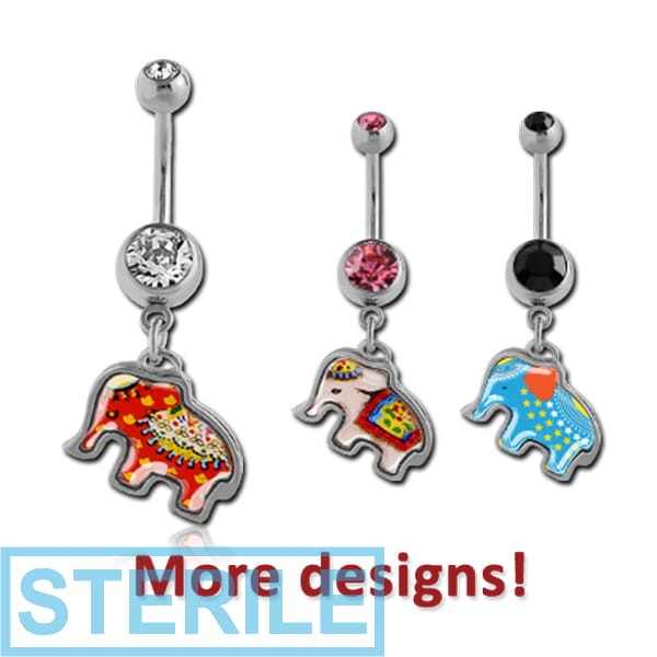 STERILE RHODIUM PLATED DOUBLE JEWELLED NAVEL BANANA WITH PICTURE CHARM