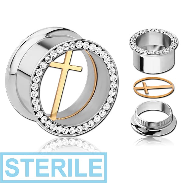 STERILE STAINLESS STEEL DOUBLE FLARED THREADED JEWELLED TUNNEL WITH REMOVABLE CROSS