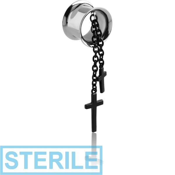 STERILE SURGICAL STEEL DOUBLE FLARED TUNNEL WITH CHAIN CROSS CHARMS