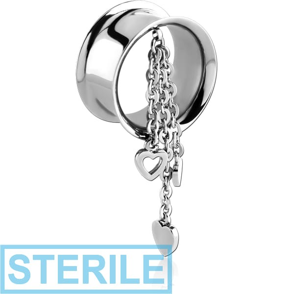 STERILE SURGICAL STEEL DOUBLE FLARED TUNNEL WITH CHAIN HEART CHARMS