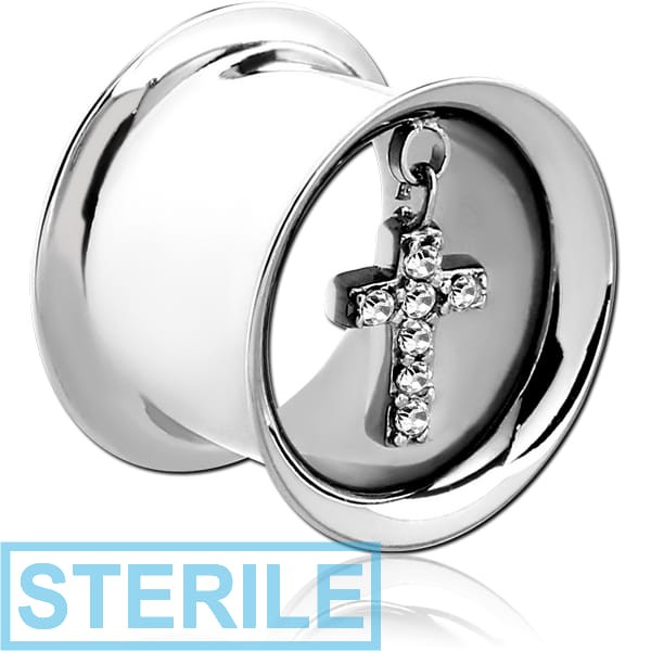 STERILE SURGICAL STEEL DOUBLE FLARED TUNNEL WITH CROSS CHARMS