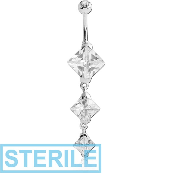 STERILE SURGICAL STEEL TRIPLE SQUARE CZ DOUBLE JEWELLED DANGLE NAVEL BANANA