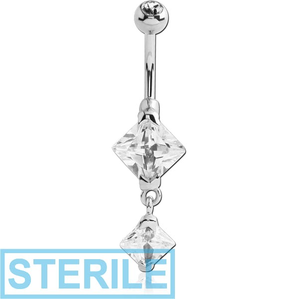 STERILE SURGICAL STEEL DOUBLE SQUARE CZ DANGLE BANANA WITH JEWELLED BALL