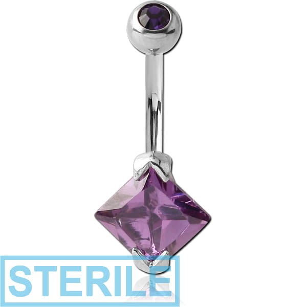 STERILE SURGICAL STEEL SQUARE 8MM CZ DOUBLE JEWELLED NAVEL BANANA
