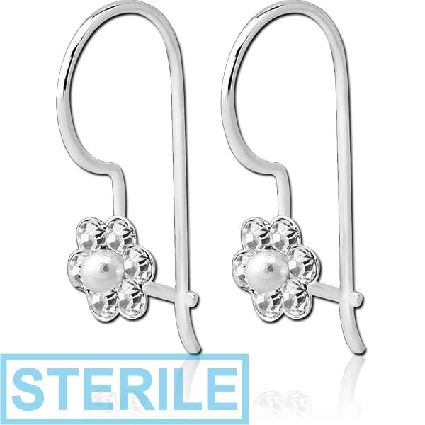 STERILE STERLING SILVER 925 JEWELLED FLOWER EAR STUDS WITH KIDNEY HOOKS
