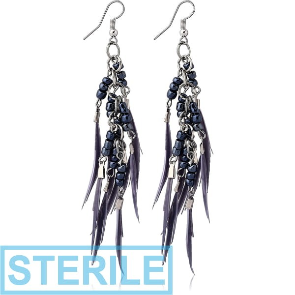 STERILE SURGICAL STEEL EARRINGS WITH DANGLING LONG FEATHER