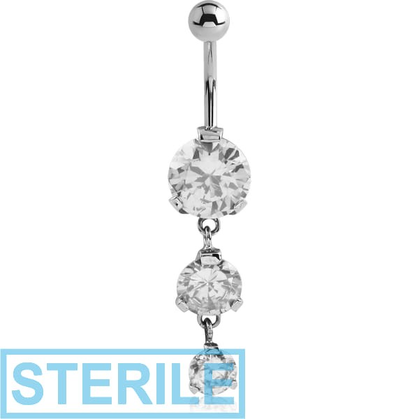 STERILE SURGICAL STEEL TRIPLE ROUND CZ JEWELLED WITH DANGLING NAVEL BANANA